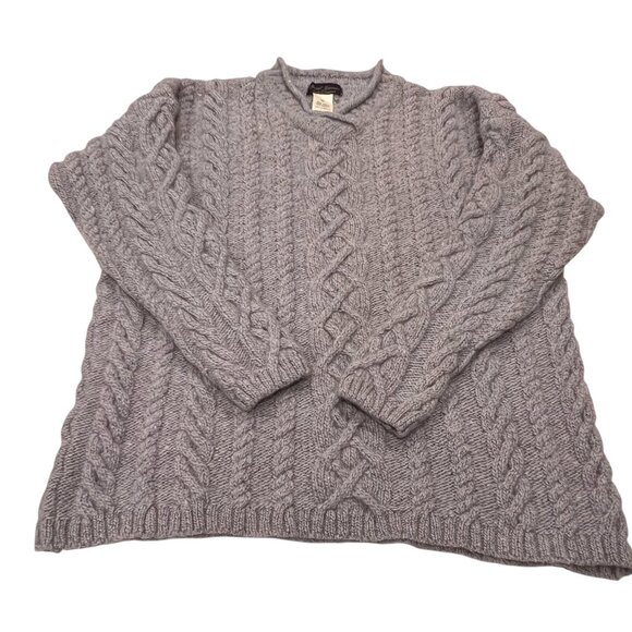 Paul James England Wool Cable Knit Fisherman V-neck Sweater, Gray, XL - Picture 6 of 6